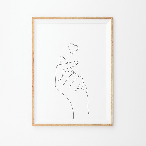 Korean Finger Heart Art Print Line Art Poster Line Art Minimal Finger Heart Art Poster Black White Art Line Art Prints