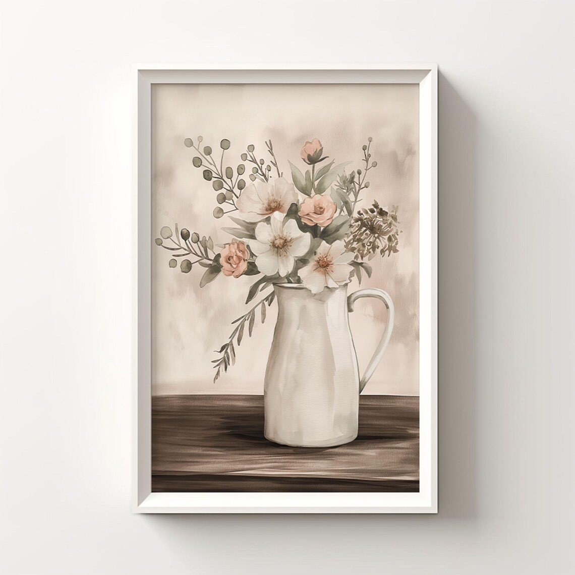 Vintage Flowers In Vase Wall Art Country Flower Art Rustic Flower Pitcher Wall Art Neutral Wall Print Farmhouse Print Vintage Floral Art 132