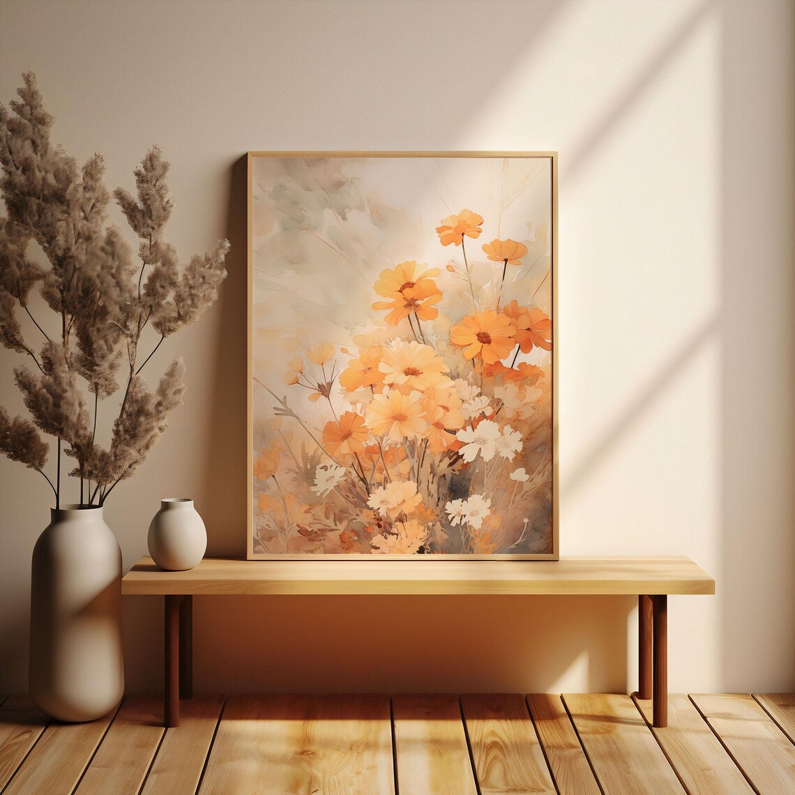 Beige and Orange Cosmos Watercolor Flowers Minimalist Wall Art