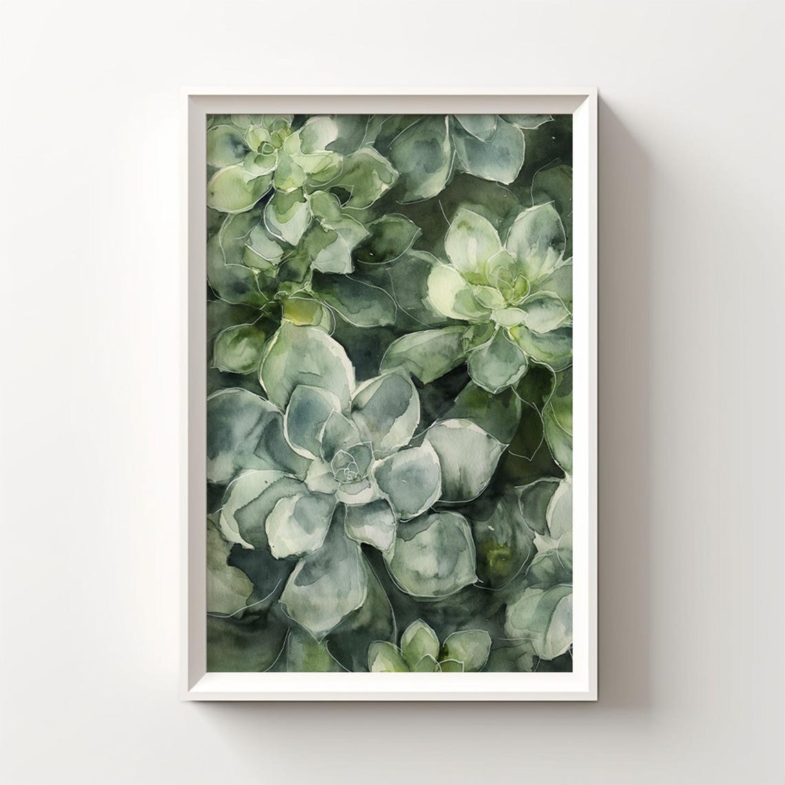 Green Succulent Rosettes Dense Watercolor Botanical Wall Art