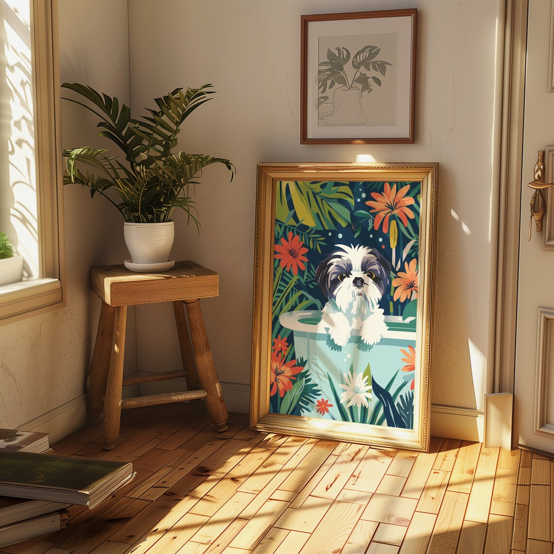 Shih Tzu Puppy Bathtub Watercolor Wall Art Botanical Nursery Decor - Image 2