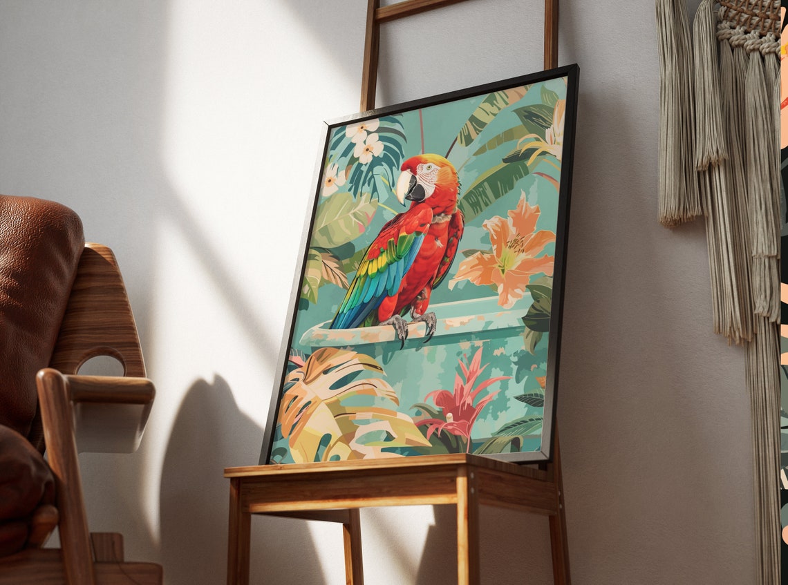 Scarlet Macaw Parrot Bathing in a Tropical Jungle Botanical Poster - Image 3