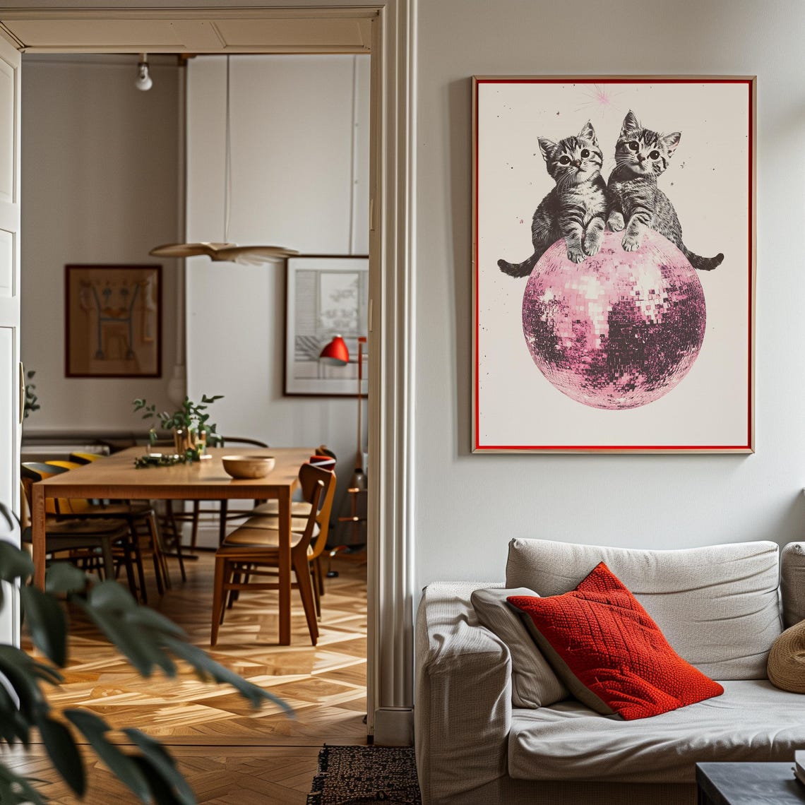 Two Tabby Kittens On Pink Disco Ball Collage Poster Sparkle Cats - Image 2