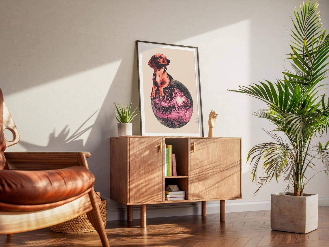 Red Dachshund Puppy Resting on a Pink Disco Ball 70s Retro Poster - Image 2