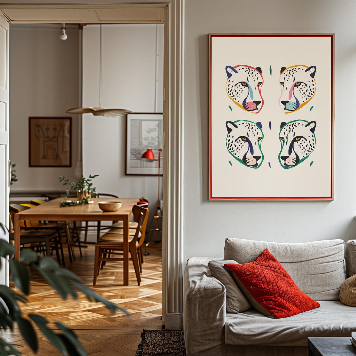 Four Cheetah Heads Bold Outline Grid Abstract Poster Feline Art - Image 3