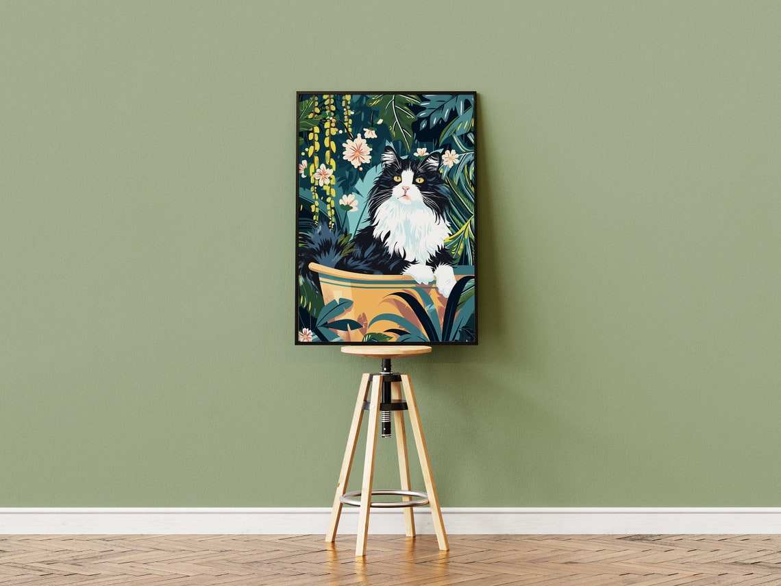 Black and White Long Haired Cat Bathtub Jungle Animal Poster - Image 2