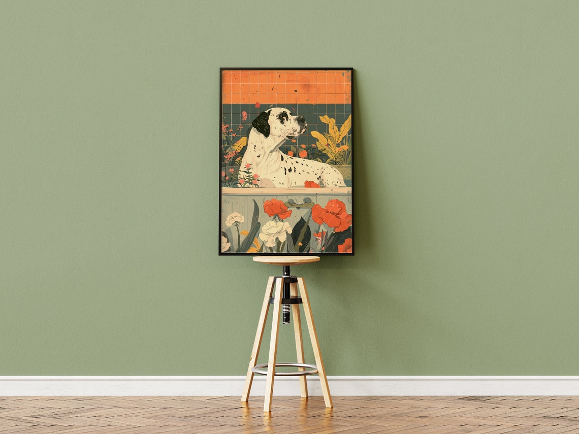 Harlequin Great Dane in Bathtub Orange Tiled Floral Dog Poster - Image 3