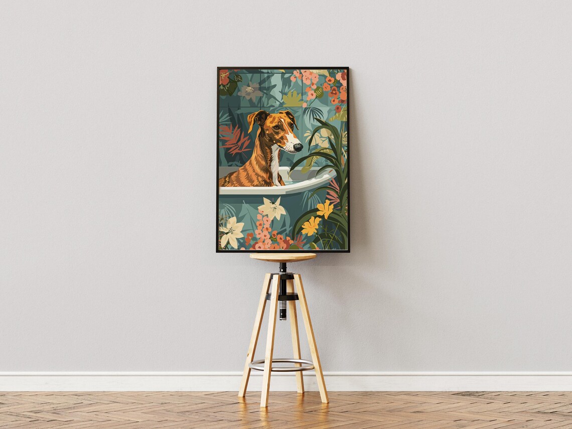 Brindle Greyhound in Bathtub Teal Botanical Floral Dog Poster - Image 3
