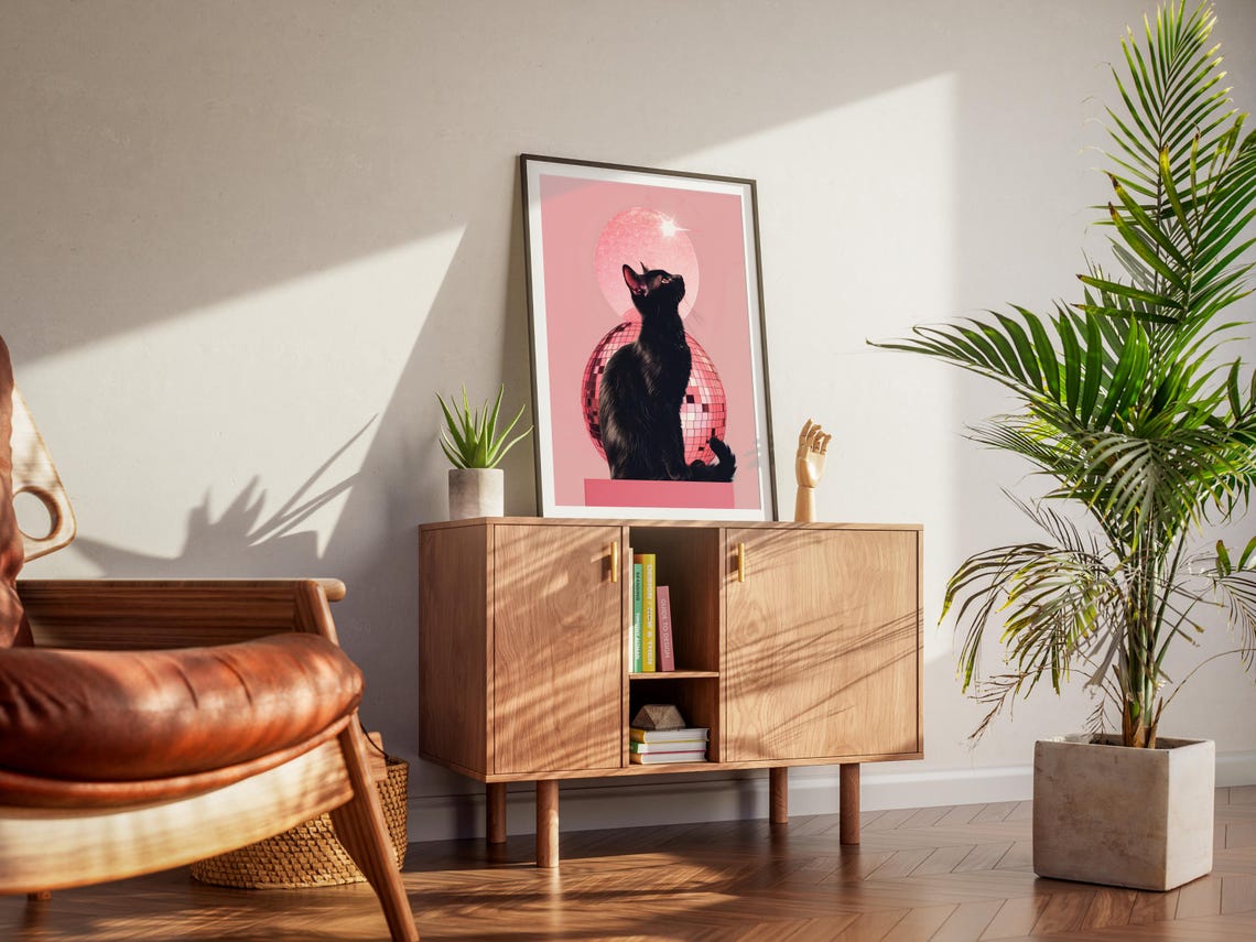 Black Cat Pink Disco Ball Sparkling Collage Poster Retro Glam Cat - Image 2
