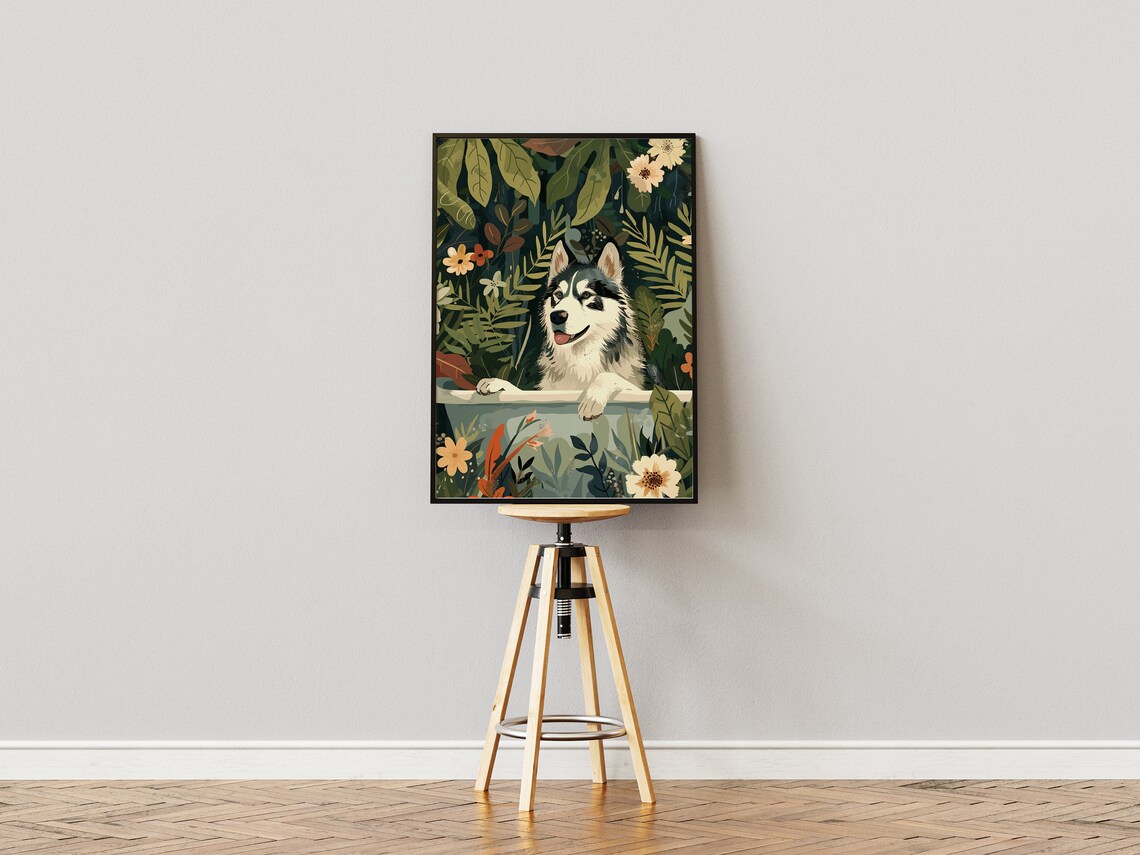 Alaskan Malamute Dog in a Jungle Bathtub With Tropical Florals Poster - Image 3
