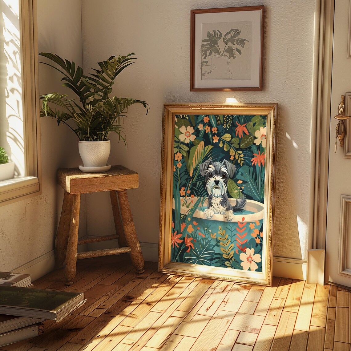 Miniature Schnauzer Puppy in Bathtub Dense Jungle Floral Poster - Image 3