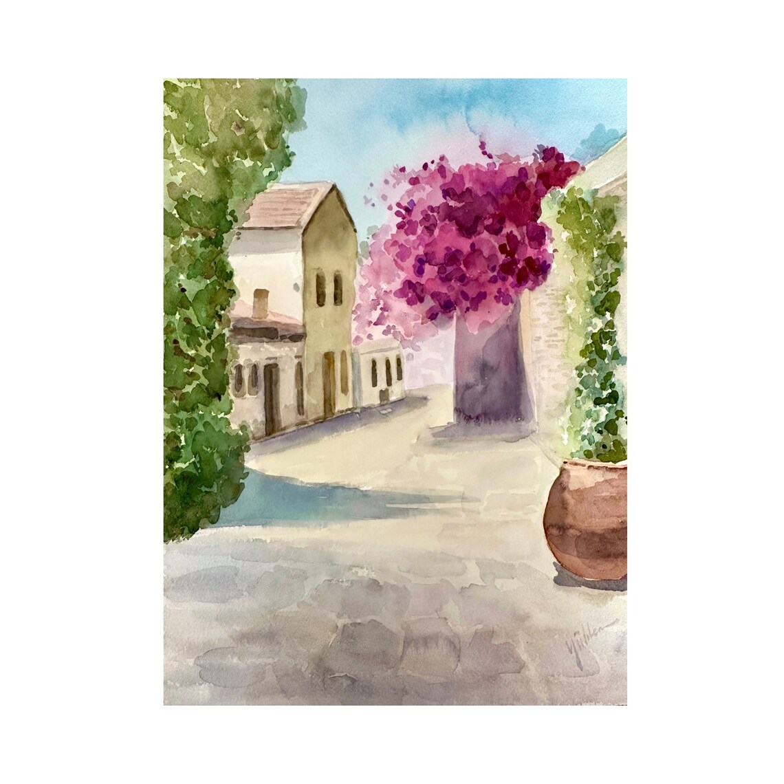 Mediterranean Street With Bougainvillea Watercolor Village Poster