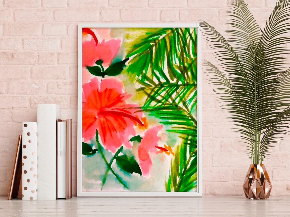 Lush Tropical Coral Hibiscus Flowers Watercolor Floral Poster