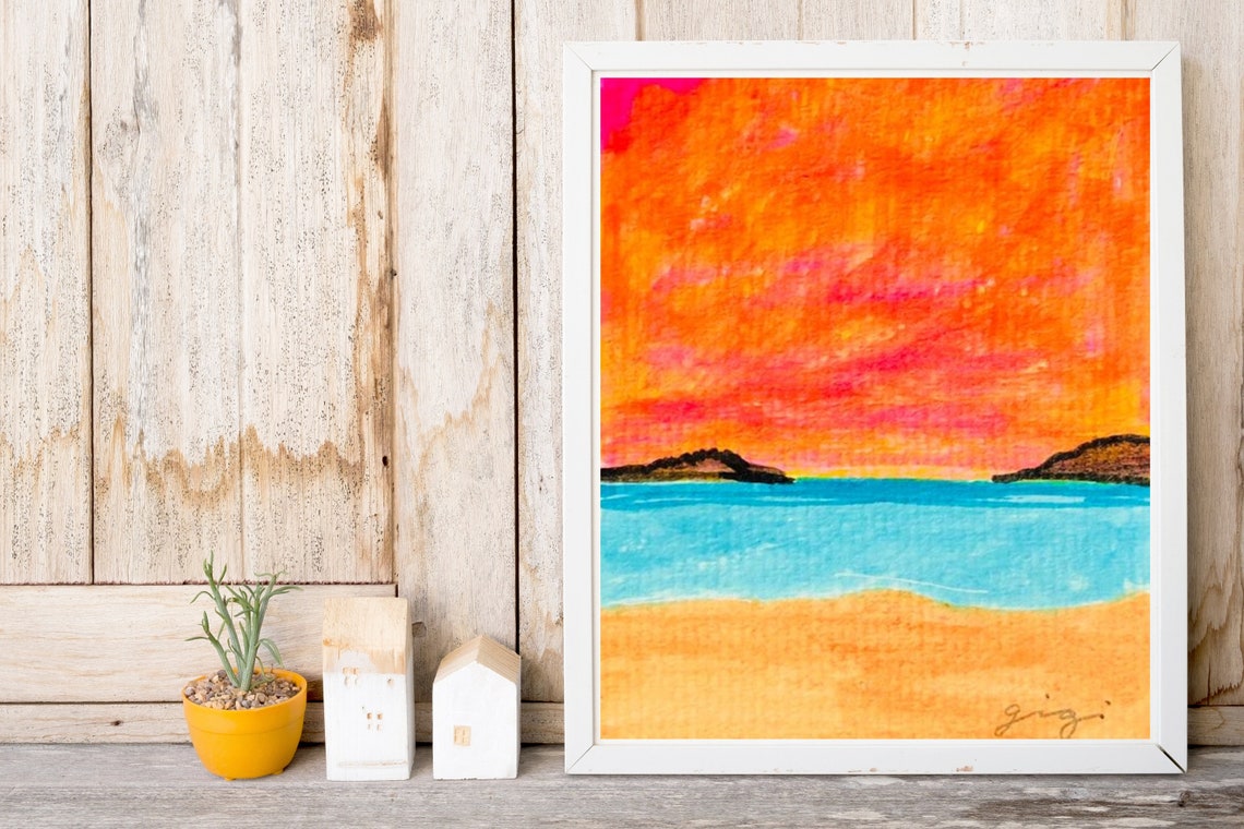 Fiery Orange Beach Sunset With a Turquoise Sea Coastal Poster