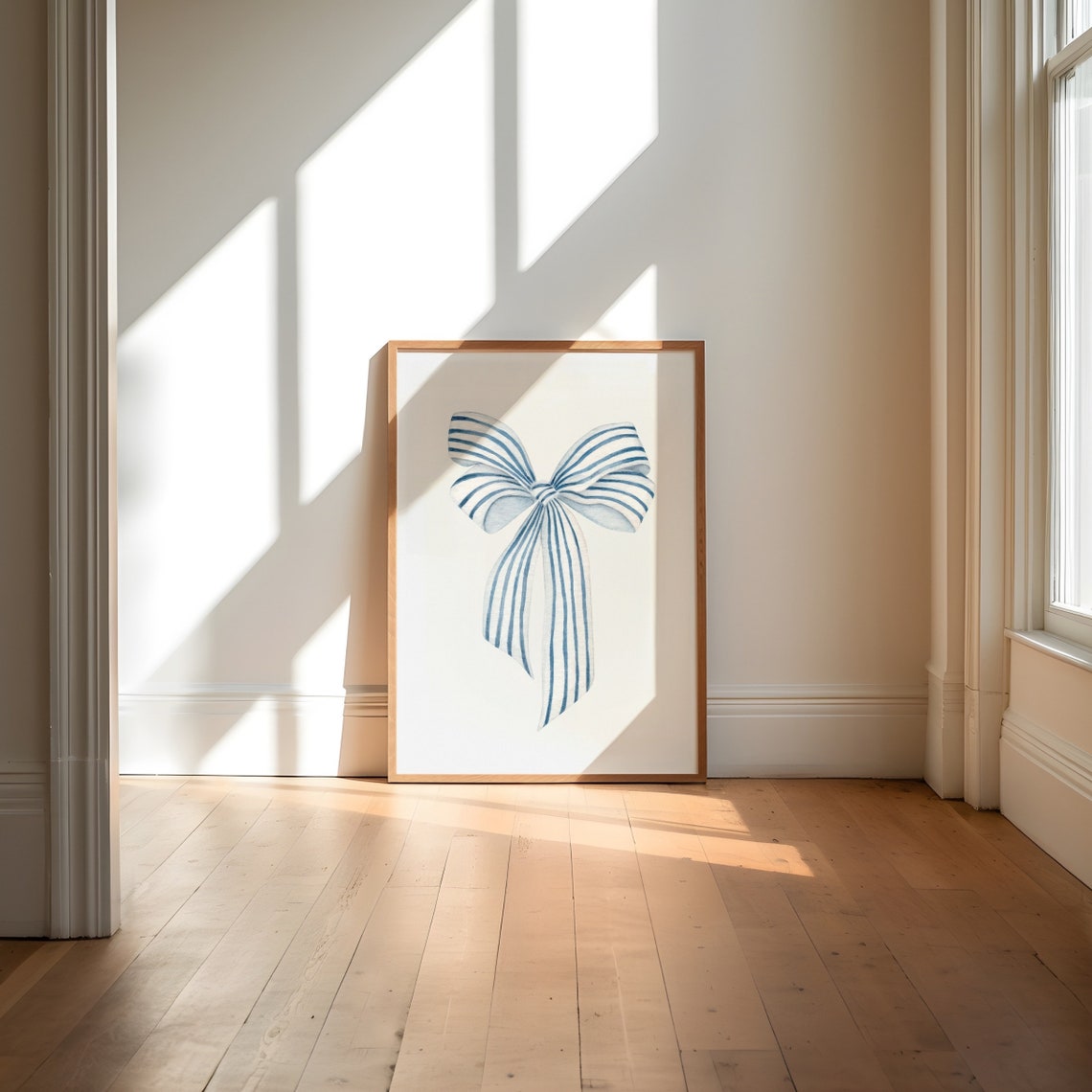 Blue Striped Watercolor Bow Coquette Bedroom Preppy Art Poster - Image 2