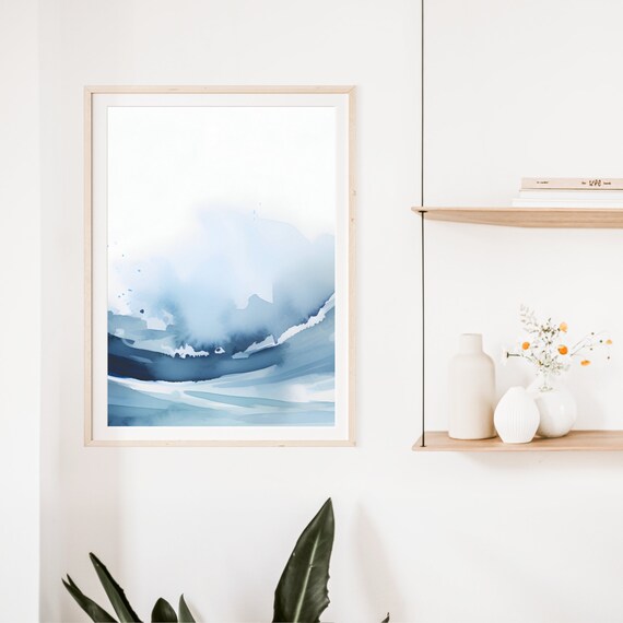 Blue Watercolor Rolling Ocean Waves Coastal Abstract Art Poster