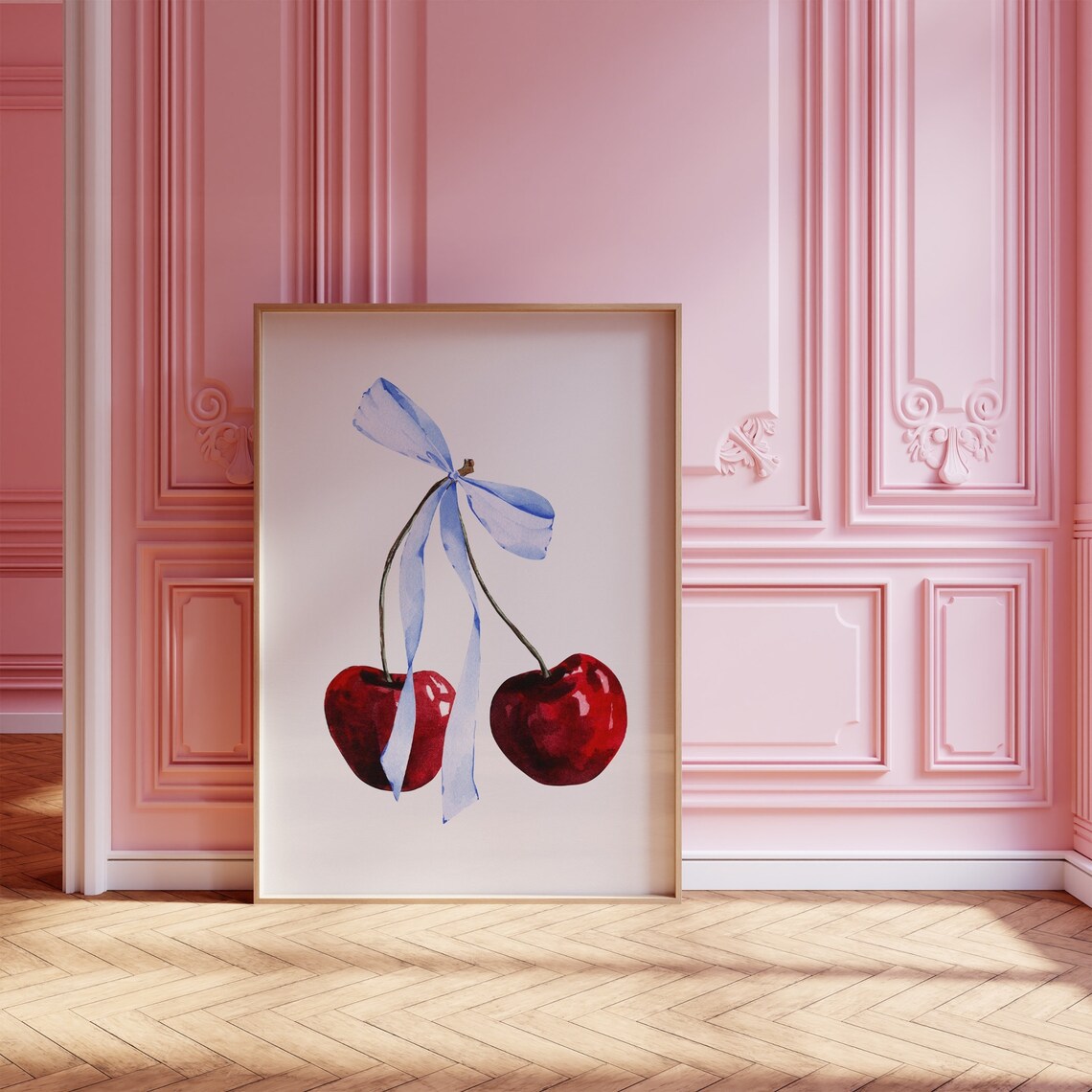 Red Cherries Tied With Light Blue Bow Coquette Watercolor Poster