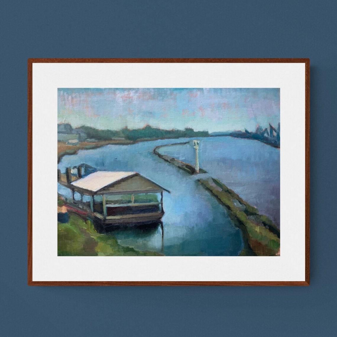 Riverside Boathouse Oil Painting with Harbor Pier and Calm Water Poster