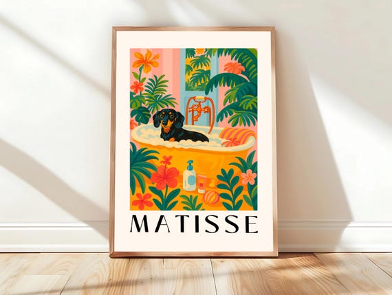 Black Dachshund In A Bathtub Funny Bathroom Wall Art Mid Century Modern Dog Matisse Print Dopamine Decor Pink Tropical Poster