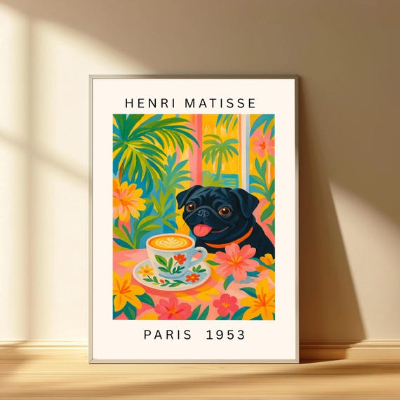Black Pug Drinking Coffee Funny Dog Print Kitchen Decor Henri Matisse Dopamine Art Maximalist Wall