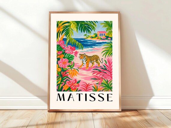 Matisse Tiger on a Pink Tropical Beach Vibrant Wildlife Art Poster
