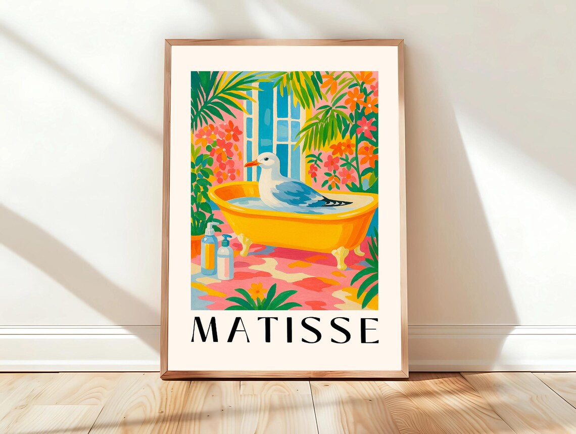 Seagull In Bathtub Funny Bathroom Wall Art Bird Print Dopamine Decor Henri Matisse Maximalist