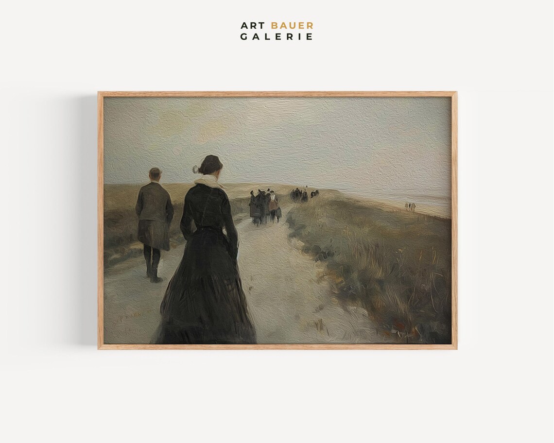 Victorian Figures Walking Coastal Dunes Path Moody Seascape Art Poster