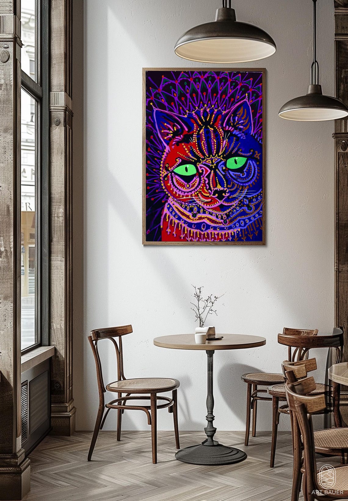 Louis Wain Psychedelic Night Cat Neon Blue Green Eyes Art Poster - Image 3