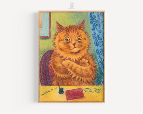 Louis Wain Literary Orange Cat at Desk Red Book Vintage Art Print