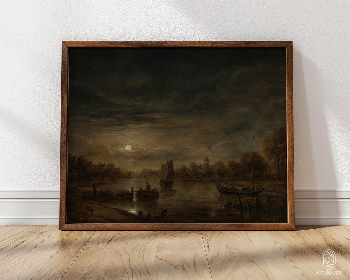 River Landscape In Moonlight Framed Print Aert Van Der Neer 1650 Dutch River Scene Moonlit Landscape