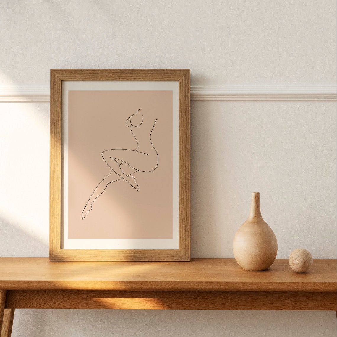Reclining Female Nude Form Minimalist Line Art Beige Tan Poster