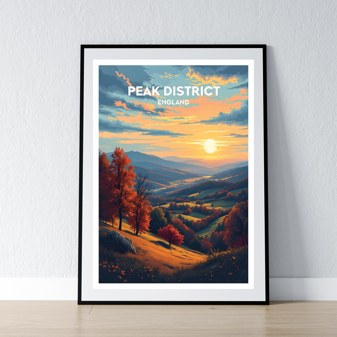 Peak District England Autumn Sunset Hills Vintage Travel Poster