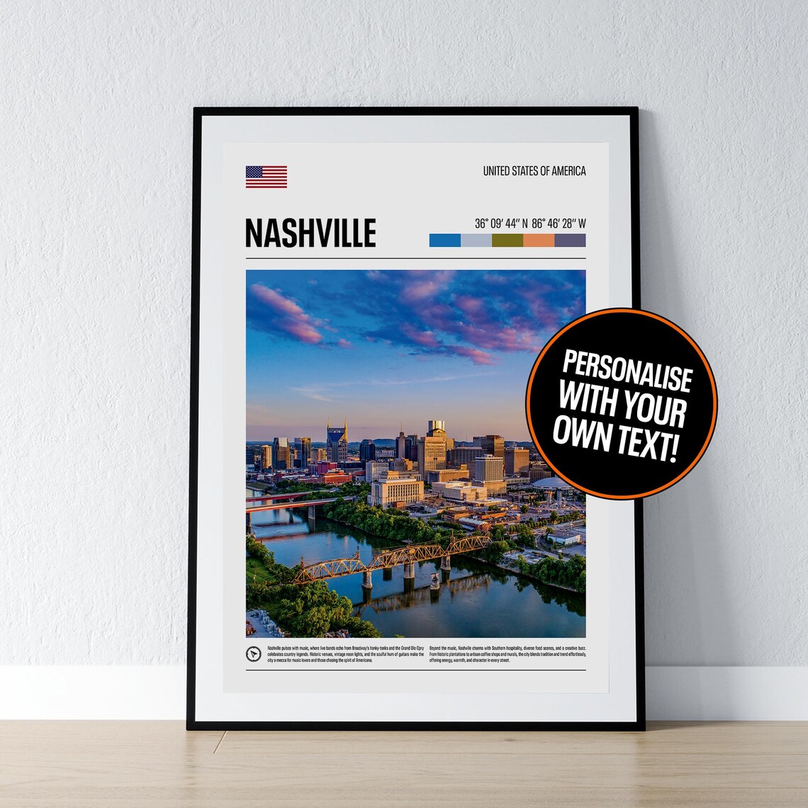 Nashville Tennessee Skyline Sunset Photo Coordinates Travel Poster