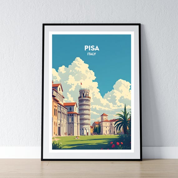 Pisa Poster Leaning Tower Print Italy Wall Art Gift Travel Italian Home Decor Illustration