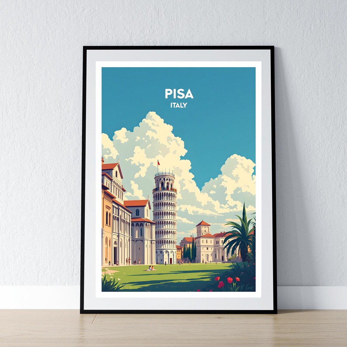 Pisa Italy Leaning Tower Cathedral Square Vintage Travel Art Poster