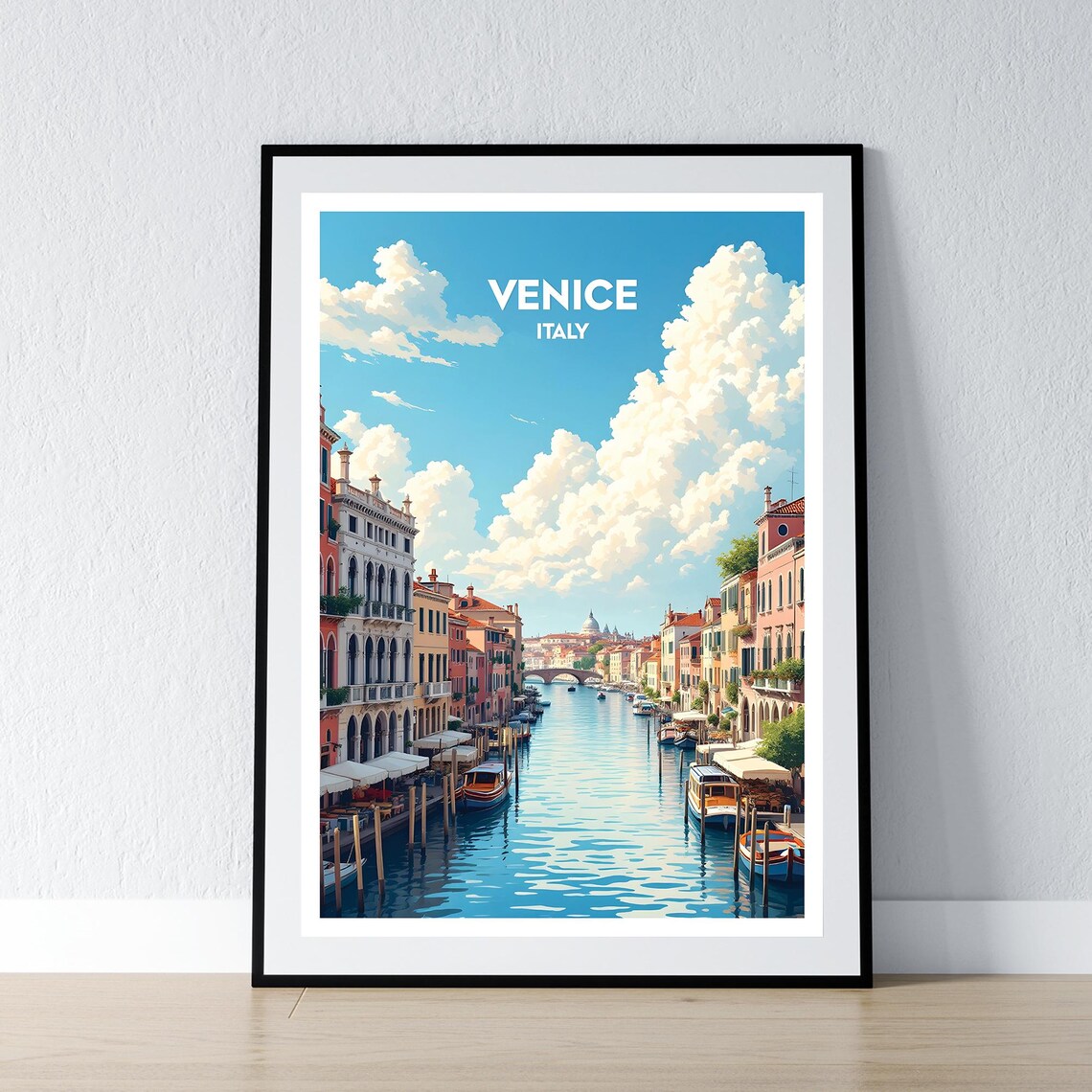 Venice Italy Grand Canal Bridge Boats Sunny Blue Sky Travel Poster