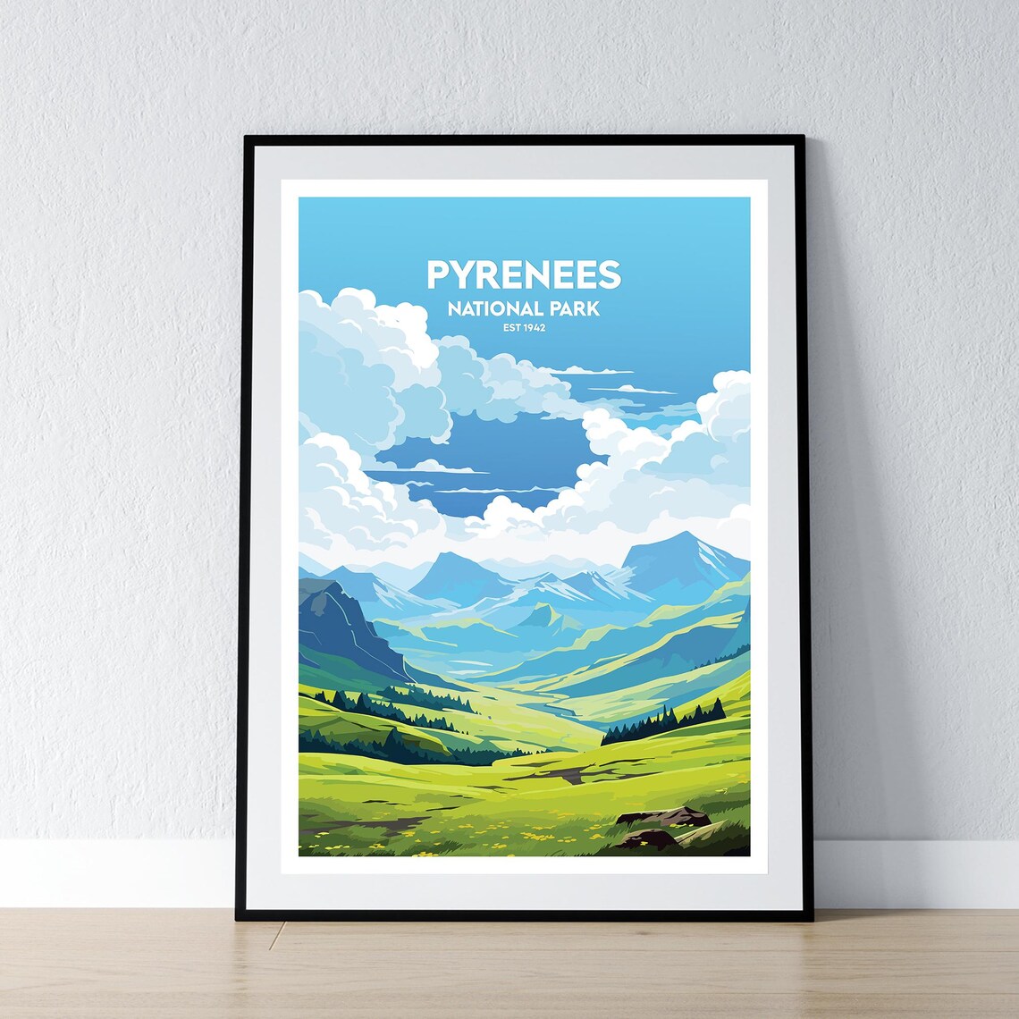 Pyrenees National Park Est 1942 Blue Sky Mountain View Travel Poster
