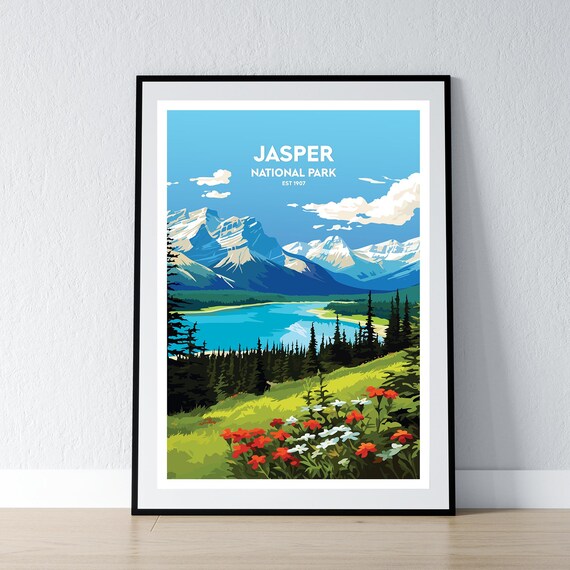 Jasper National Park EST 1907 Vintage Mountain Lake Travel Poster
