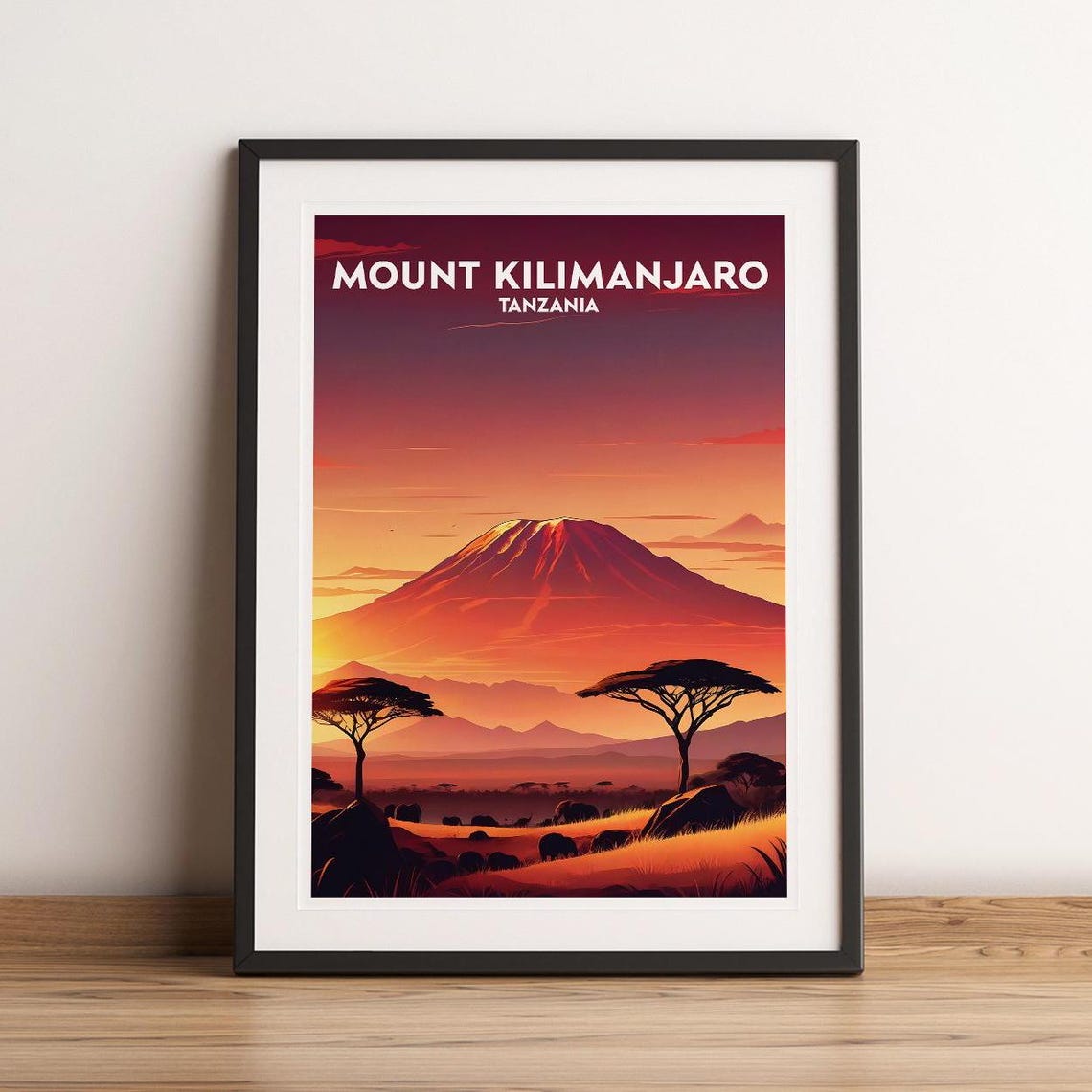 Mount Kilimanjaro Tanzania Sunset Savanna Elephants Travel Poster