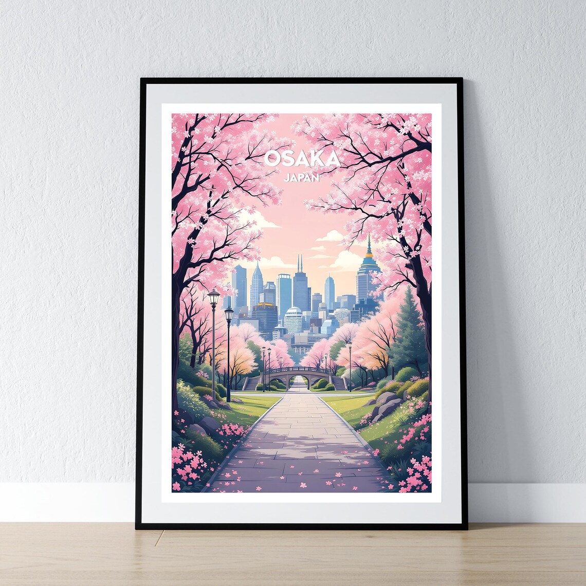 Osaka Japan Cherry Blossom Park Spring Anime Style Travel Art Poster