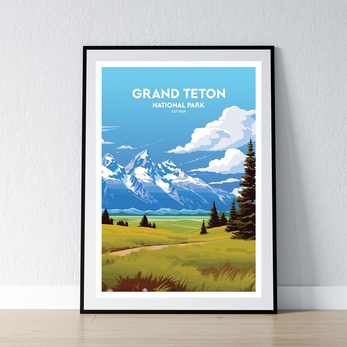 Grand Teton National Park Snowy Peaks Alpine Meadow Scene Poster