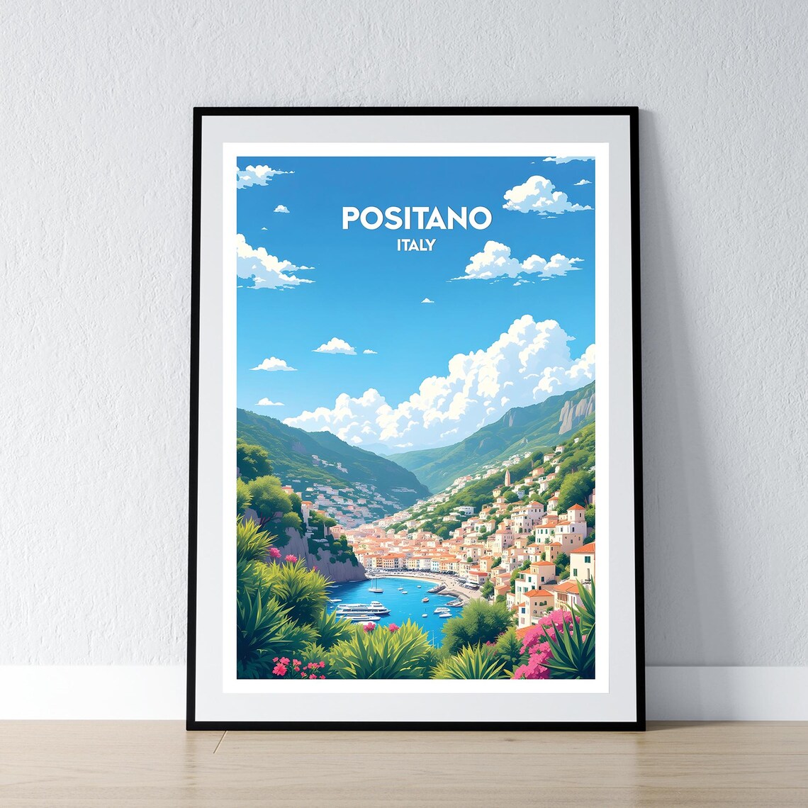 Positano Italy Amalfi Coast Cliff Village Bay Retro Travel Poster