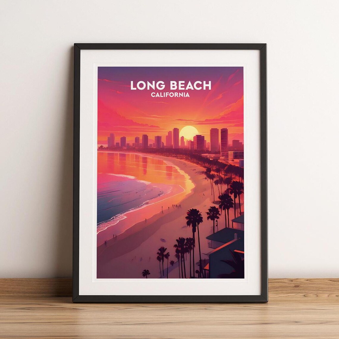 Long Beach California Sunset Beach Skyline Retro WPA Travel Art Poster