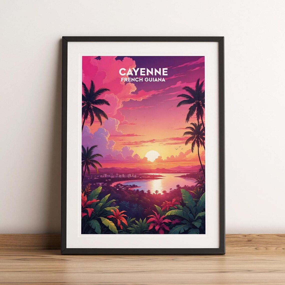 Cayenne French Guiana Tropical Sunset Palm Beach Travel Poster