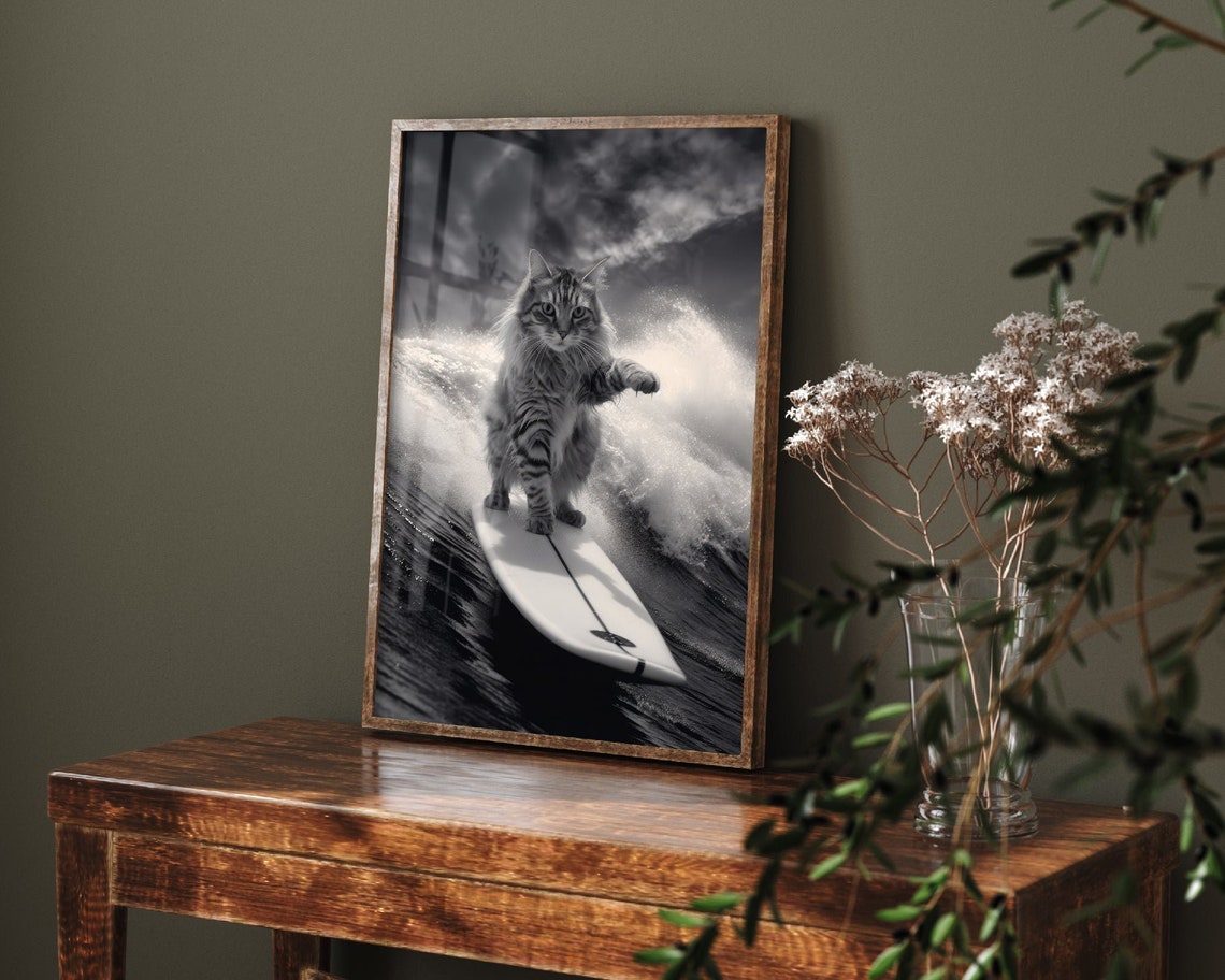 Long Haired Tabby Cat Riding a Surfboard on a Big Wave Photo Poster