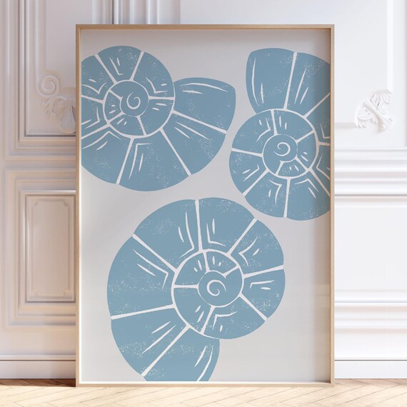 Blue Seashell Linocut Style Minimal Coastal Beach Art Poster
