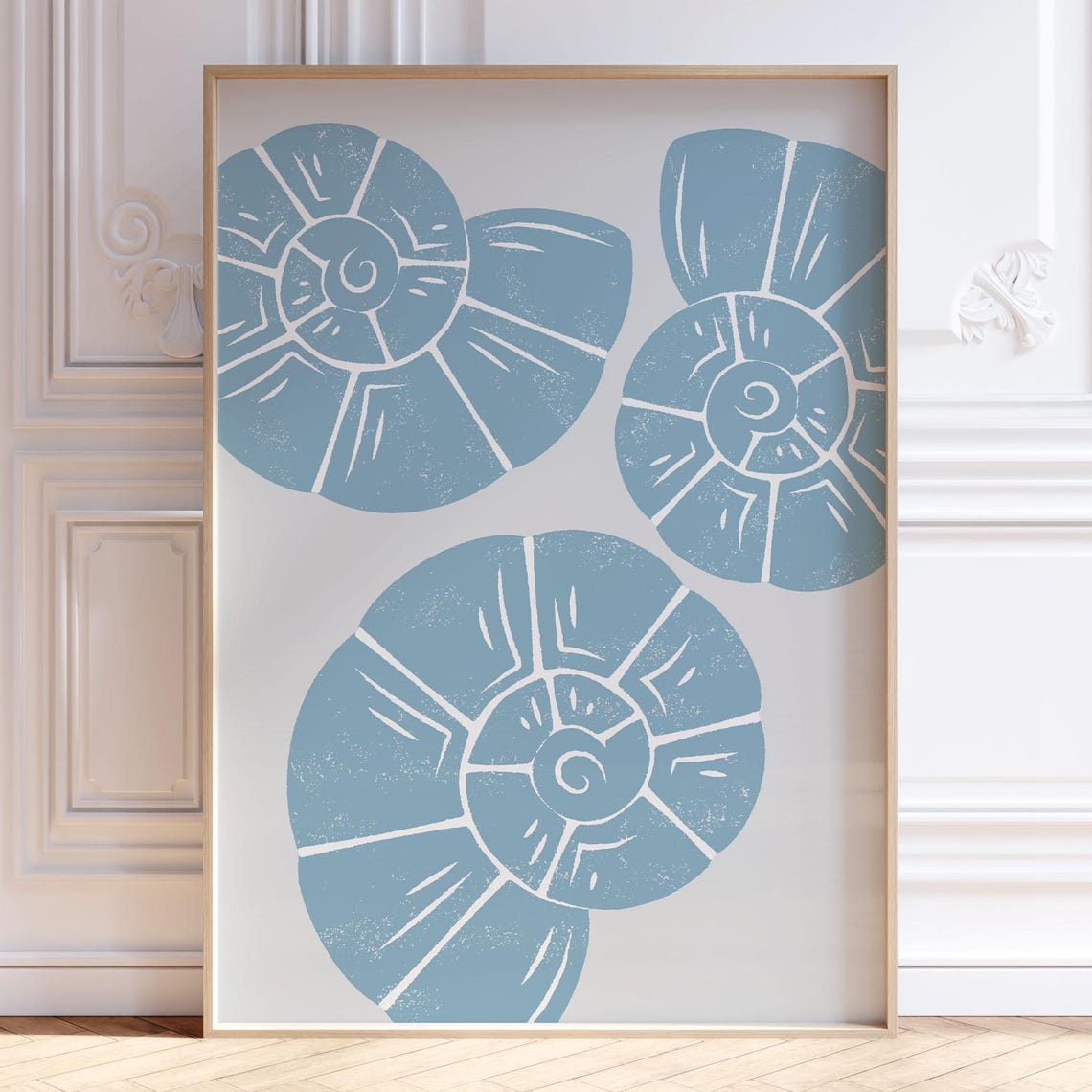Blue Seashell Linocut Style Minimal Coastal Beach Art Poster