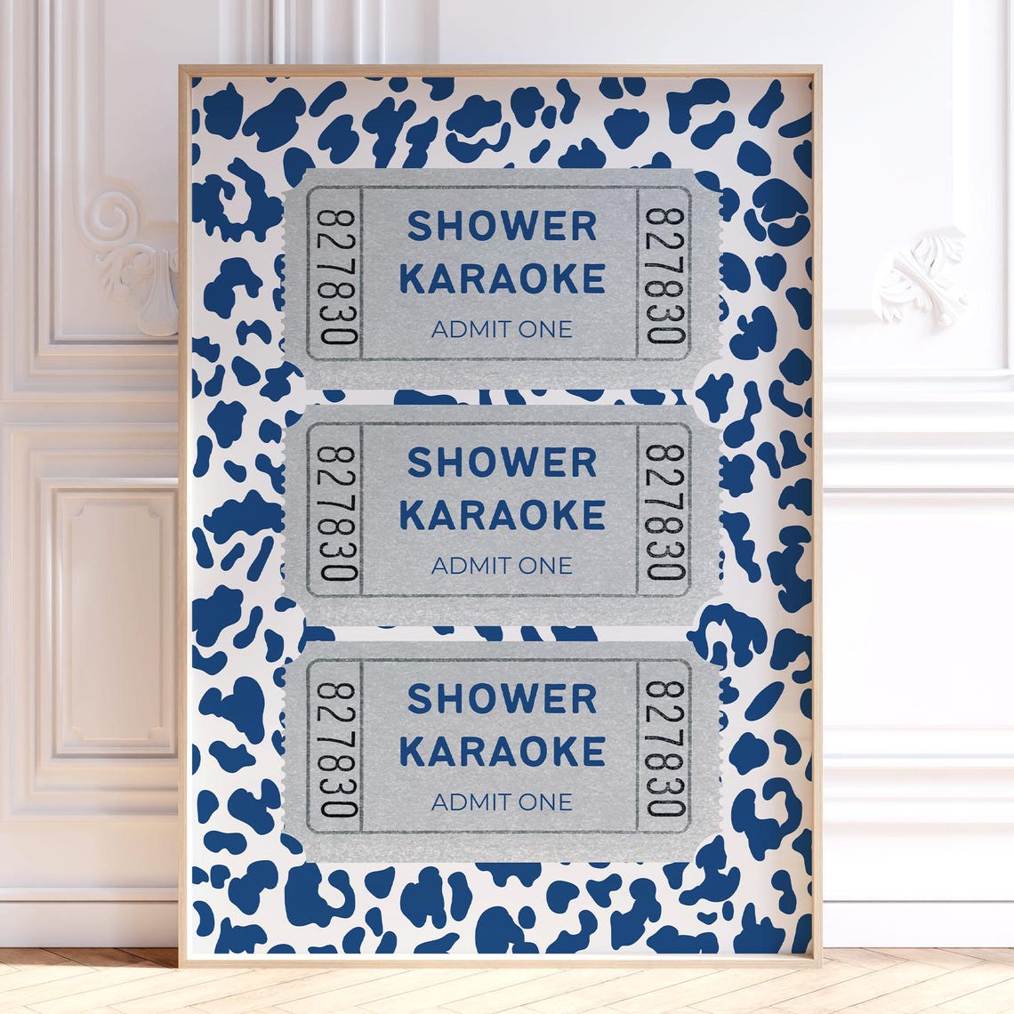 Shower Karaoke Admit One Ticket Navy Leopard Funny Bathroom Poster