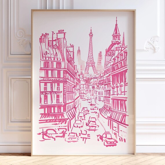 Paris France Pink Eiffel Tower Street Sketch Romantic Travel Poster