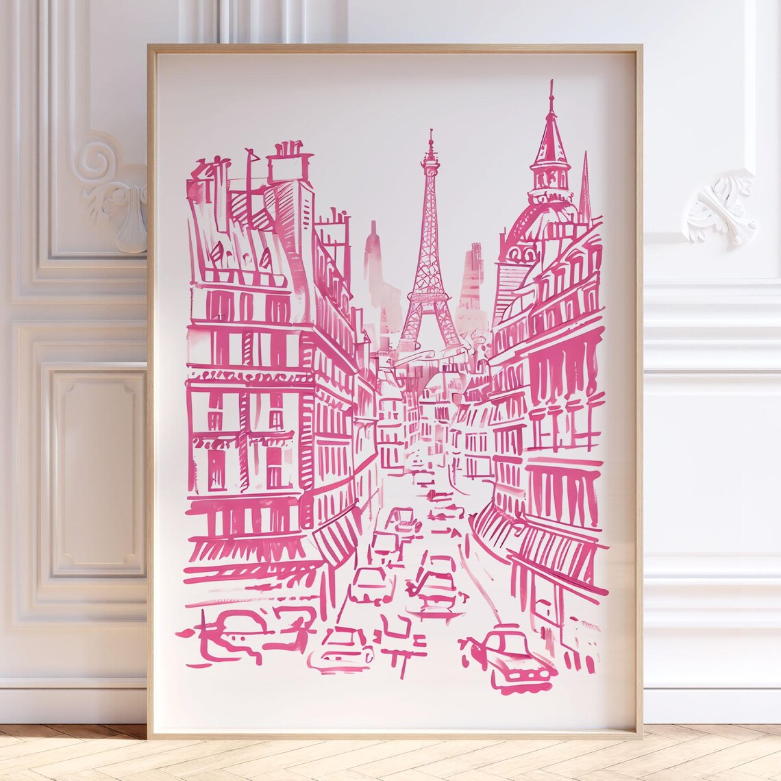 Paris France Pink Eiffel Tower Street Sketch Romantic Travel Poster